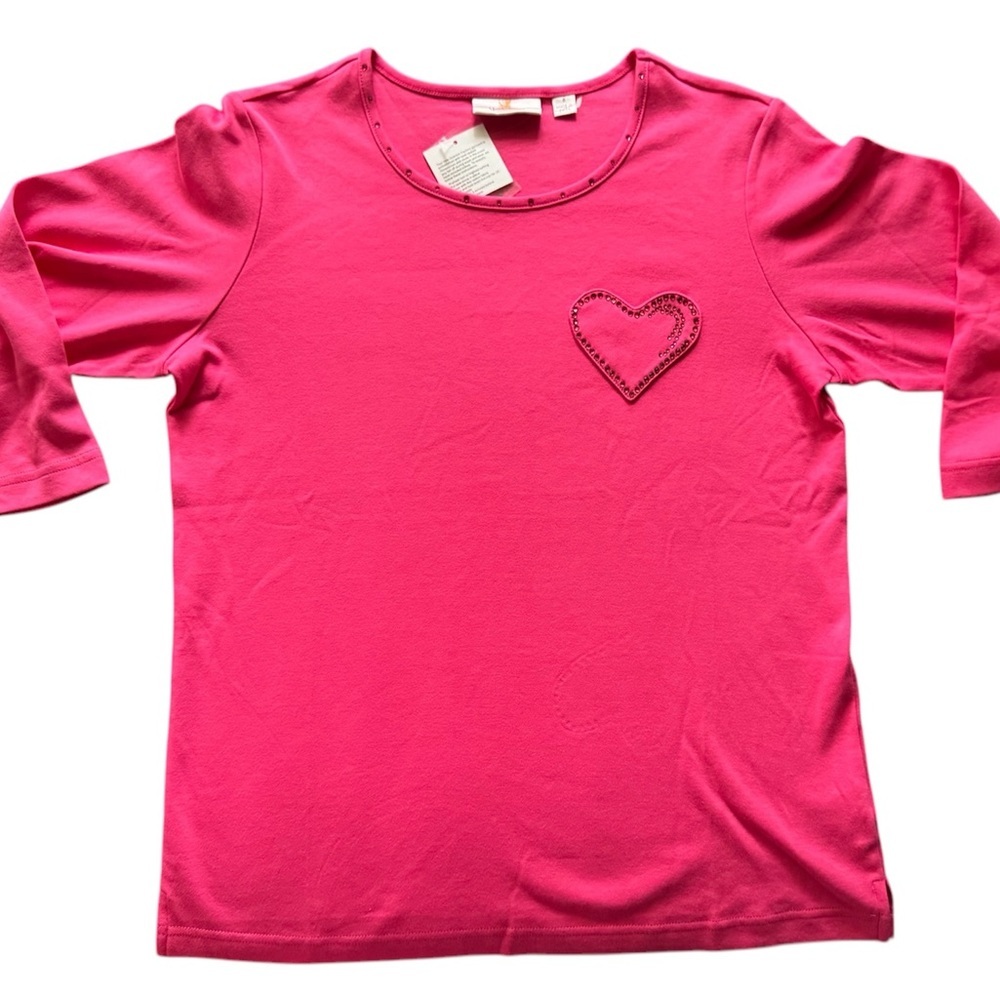 Quacker Factory Women’s 3/4 sleeve heart Top T-shirt Magenta Valentine Sz Small